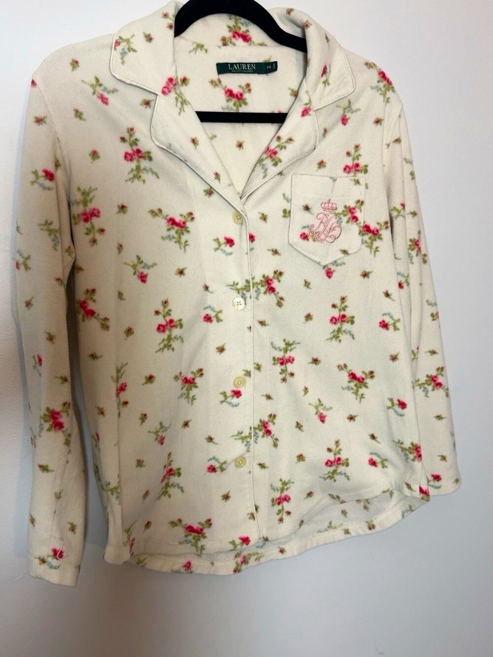 Lauren Ralph Lauren Petites PS Ivory Floral Fleece Pajama Set Button Front
